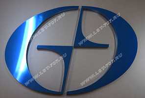 Объемный логотип из нержавеющей стали с покрытием оксидом титана в темно-синем зеркале.